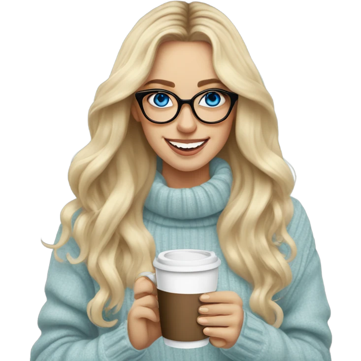 Blonde balayage long hair white women sweater blue eyes and small glasses holding coffee emoji