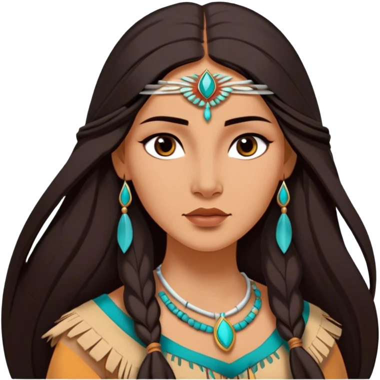 Cinematic Realistic Elegant Pocahontas Portrait, depicted with sun-kissed, warm skin rendered in lifelike detail and soft, natural lighting that accentuates its gentle glow. Her long, flowing dark hair is intricately detailed with natural movement, and her wise, expressive eyes shine with a deep, serene intensity. She is dressed in traditional attire with rich earthy tones and subtle turquoise accents, each fabric fold and texture rendered authentically. The portrait exudes a natural radiance that captures the timeless, indigenous beauty of Pocahontas with depth and authenticity. emoji