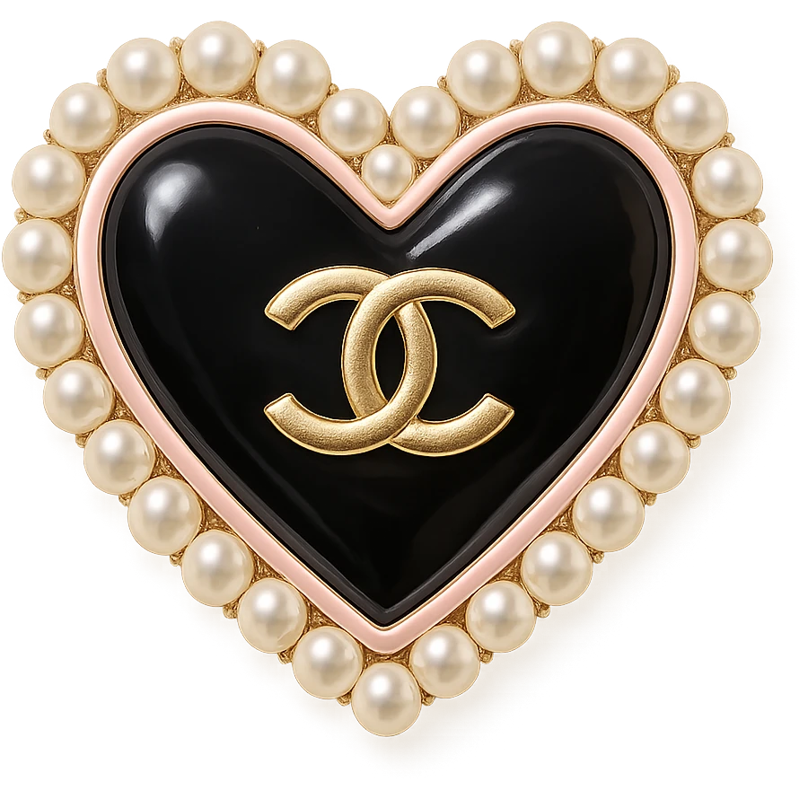  only the elegant heart with pearls and gold Chanel logo, glossy, pastel colors, realistic style, with no background. black pink,  emoji
