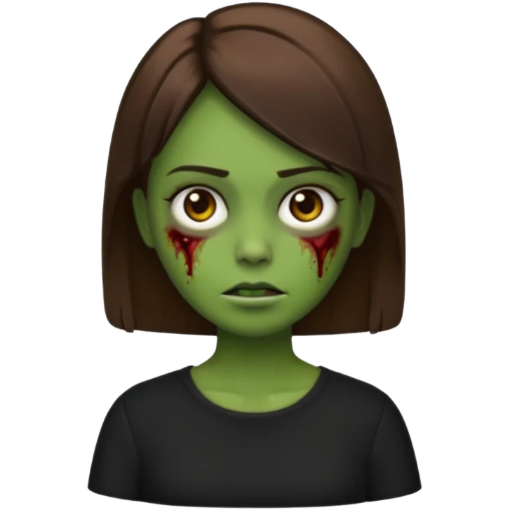 Zombie girl emoji verde um pouco escuro com cabelo curto liso castanho no ombro com uma blusa preta emoji