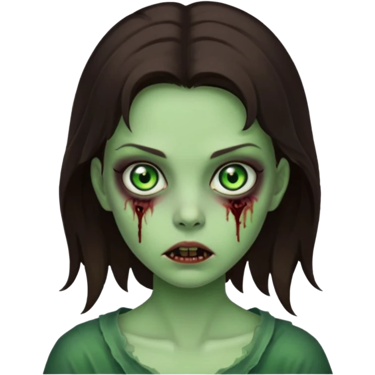 brunette zombie girl, glowing green eyes, horror zombie green emoji