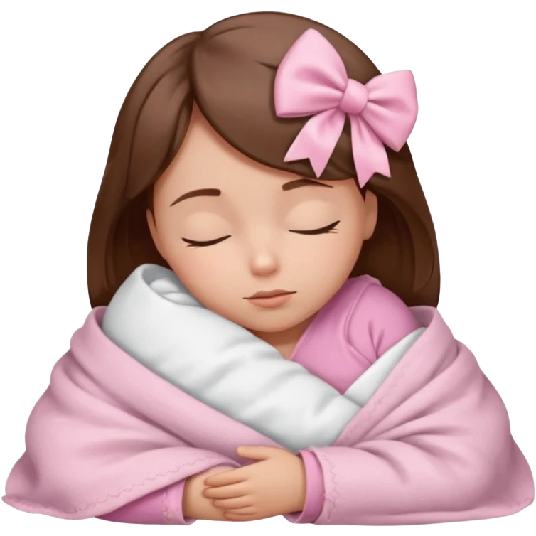 Sleeping child with brown hair wrapped in a light pink blanket with a white bow over the blanket emoji