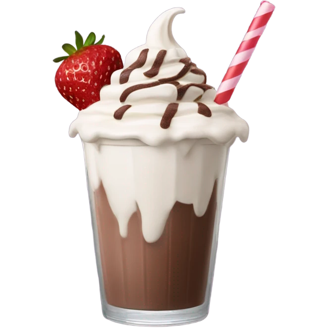 chocholate milkshake with whipping cream, straw and strawberries  emoji