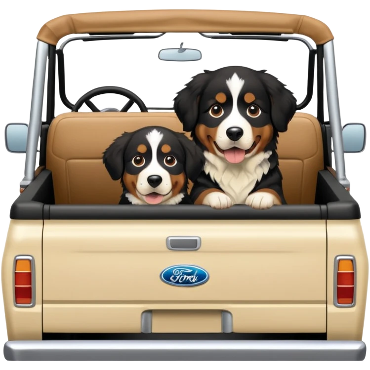 Bernese mountain dog in a cream colored ford bronco with no roof emoji