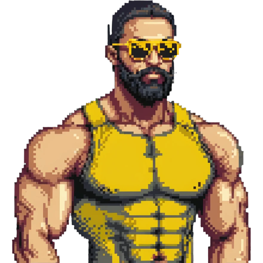 muscular man with black beard wearing yellow sunglasses emoji