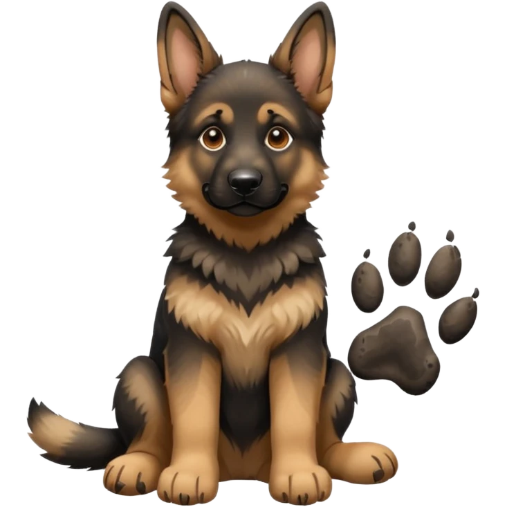 German Shepherd puppy sitting next to a large paw print emoji