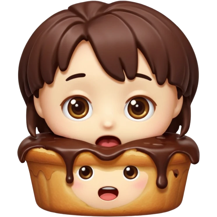 Rectangular chocolate mini pastry, slightly messy and squished, chocolate dripping, big round eyes, wide open mouth, playful surprised expression, text above: "ПАСТИЧКА", chibi style, Twitch emoji style, transparent background, colorful

 emoji