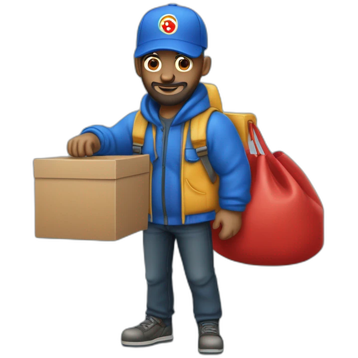 pizza delivery guy, black hat, blue bomber jacket and red pizza bag, holding a smaller bag with his hand, with the bag shaped like pizza boxes, without hair and with a clean beard emoji