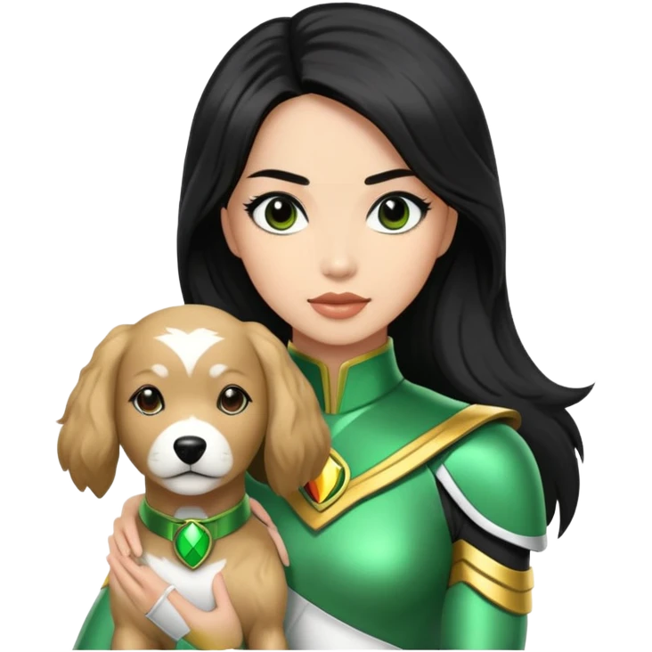 female green power ranger with wasian features, long black hair, and a fully light brown cockapoo dog at her side emoji