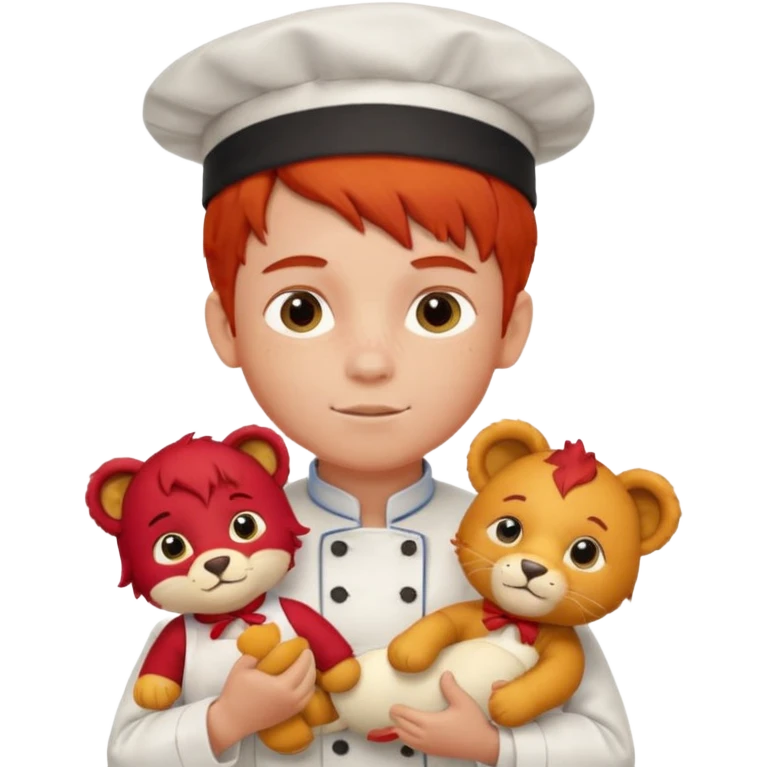 boy kid italian chef, red haired, uniform, holding plush lion emoji