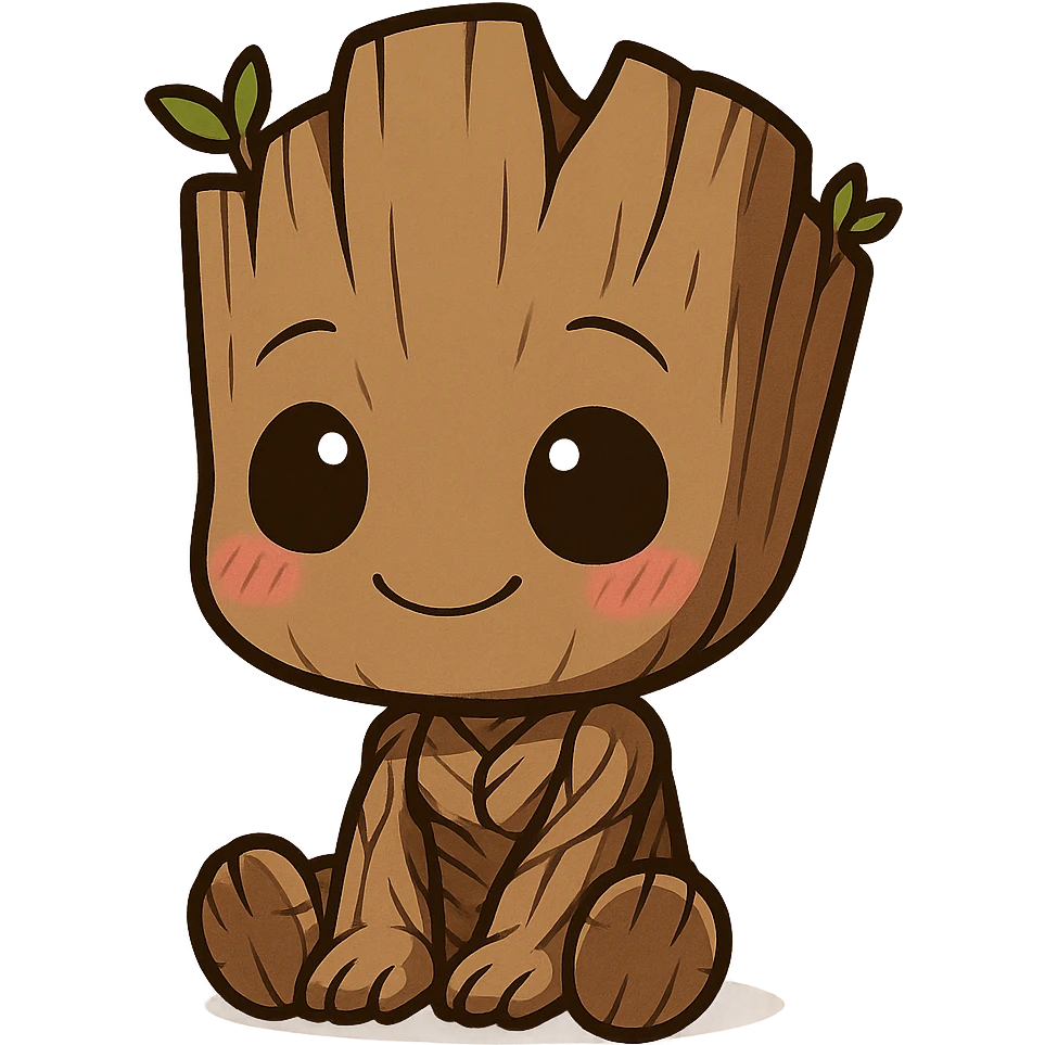 chibi anime style cute Groot sitting with a smile and blushing cheeks emoji