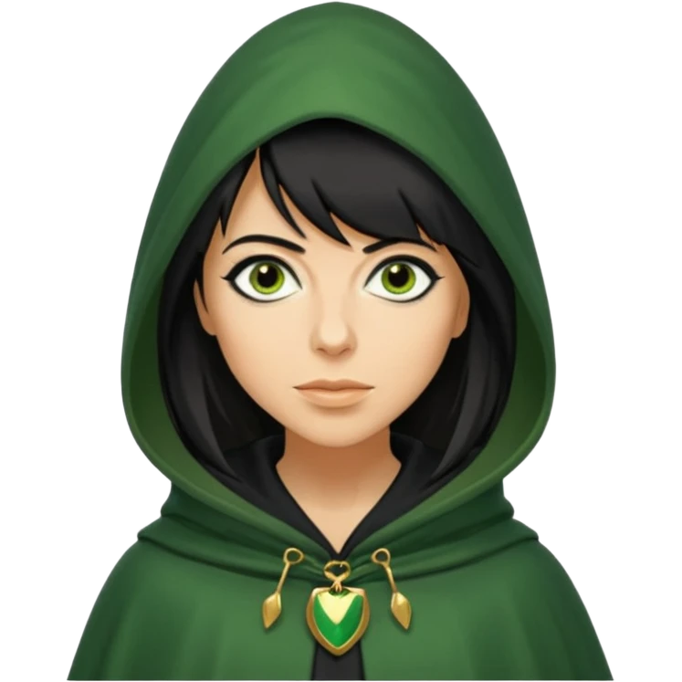 claudia winkleman as a traitor with a green hooded cloak with a gold clasp and dark black eyeliner emoji