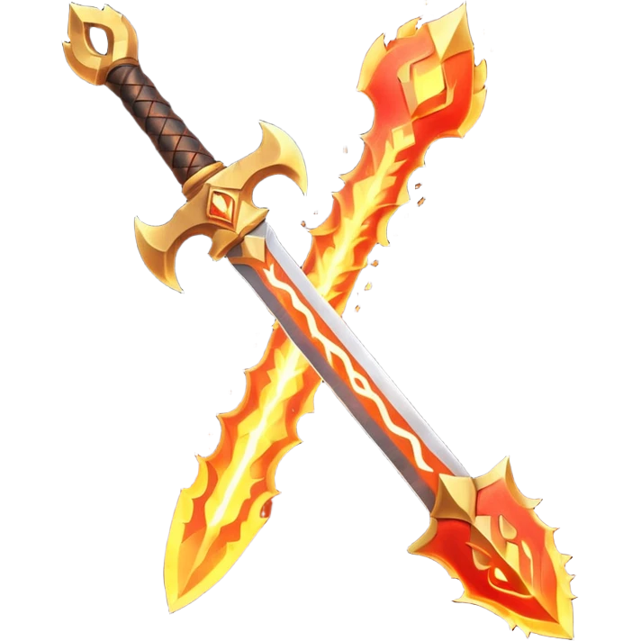 fire guardian sword object icon, flaming blade, glowing lava runes, ember sparks, fantasy weapon, 3D cartoon, mobile game icon style, centered, clean background, no text, no watermark
 emoji