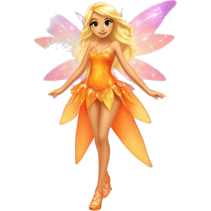 Stella adult latina fairy of nature in her enchantix fairy orange two piece clothing and fairy enchantix wings and long blonde hair from winx club. Lots of sparkles and fairydust. Full body and full fairy bliss emoji