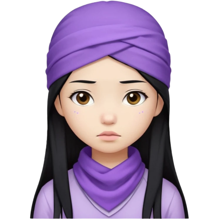 Sad Asian girl, straight long hair, lilac bandana, white and lilac clothing emoji