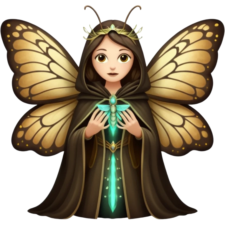 mystical woodland woman dressed as moth queen, velvet wing cloak, glowing dust emoji