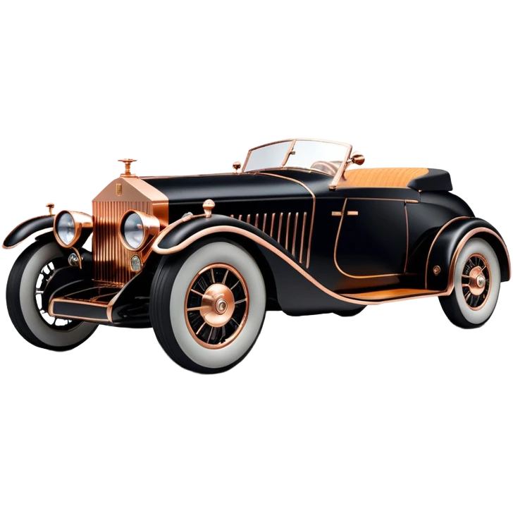 Dark black Bare bones streamlined (stripped down) hot rodded inlaid rose gold and wood accentuated sporty 1932 Rolls Royce with futuristic electric spaceship plasma neon glowing motors and lightening dynamos with wide racing wheels that are held strong by advanced suspension and steering emoji