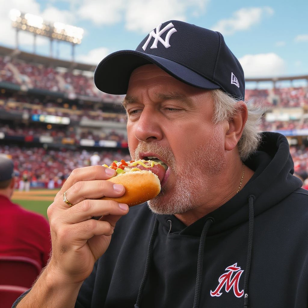 man eating a hot dog at a baseball game emoji