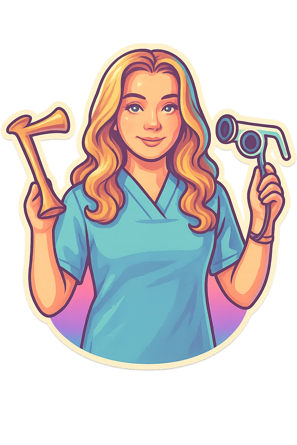A girl with facial features and light wavy hair as in the reference, wearing a blue medical suit, holding an obstetric stethoscope in one hand, the other hand down, in retro stickers style with thin clean contours, soft rounded shapes, pastel palette, retro sticker aesthetic, detailed shadows and highlights, soft lighting, transparent background. emoji