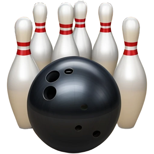 A bowling ball rolling down the lane towards a set of pins, with the pins poised to fall. The scene is set in a bowling alley with bright lights and a polished wooden floor, capturing the excitement and precision of the sport. emoji