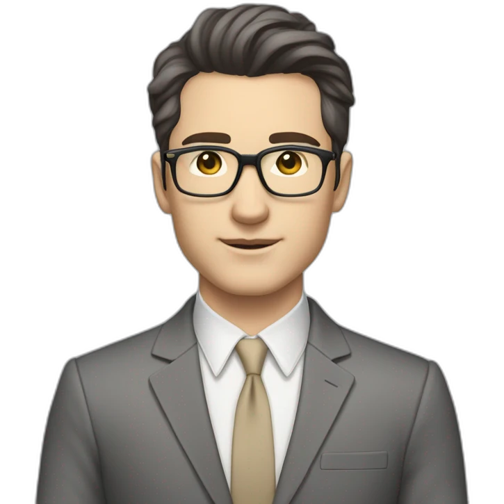 Full height Pale skinned Fit Man With dark brown hair in classic gray suit, beige office shirt, dark gray tie, and vintage glasses. His hands lock emoji