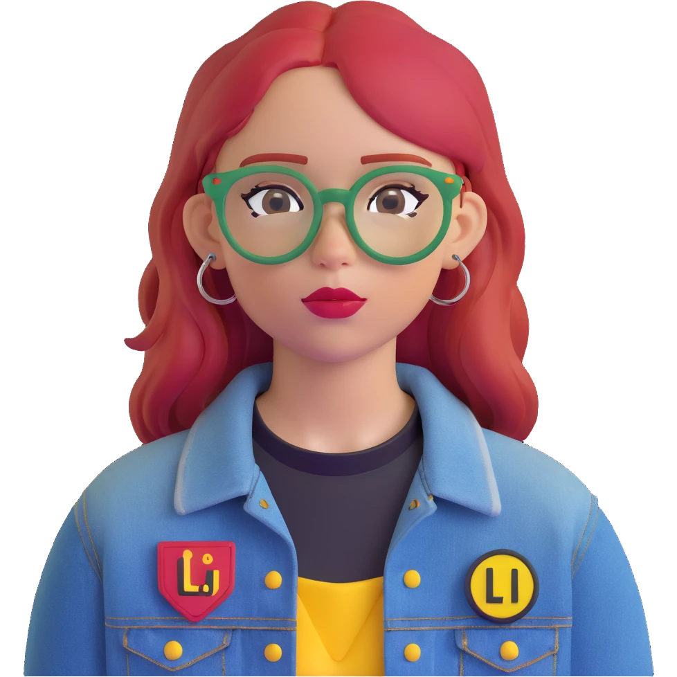young woman, straight red hair, blue glasses, black choker, septum ring, denim jacket, yellow-red patch 'LIB', neutral cute expression emoji