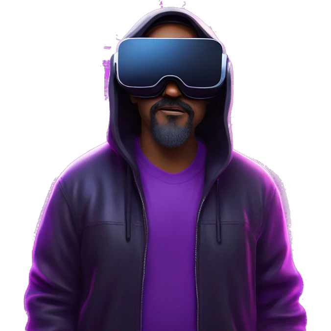 Big Lebowski wearing a black hoodie with "OMG" letters on it and VR headset oculus quest 2 in a cyberpunk VR environment with violet neon lighting. emoji