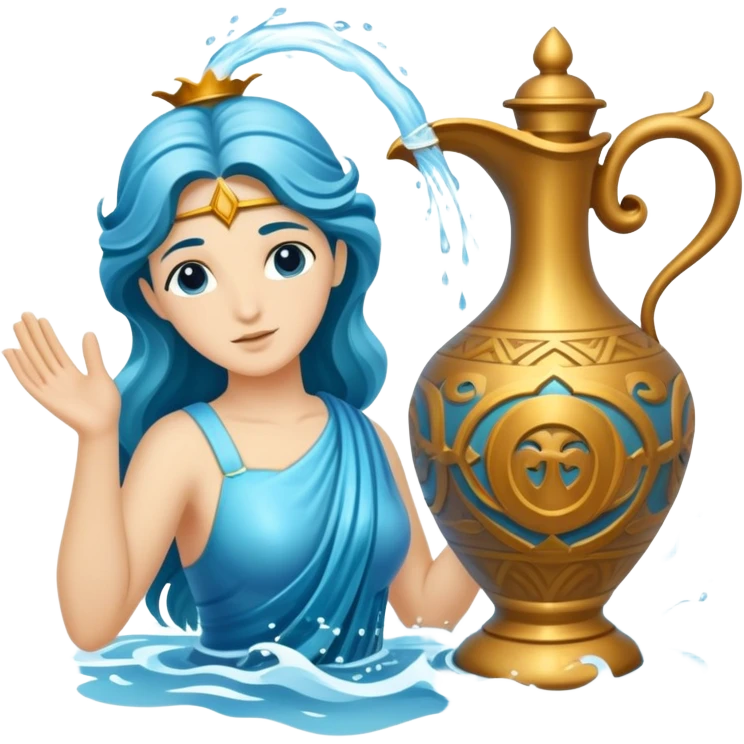The zodiac symbol Aquarius. A mystical and beautiful water bearer, holding and pouring water from a large, intricate, and arcane vase into the sea emoji