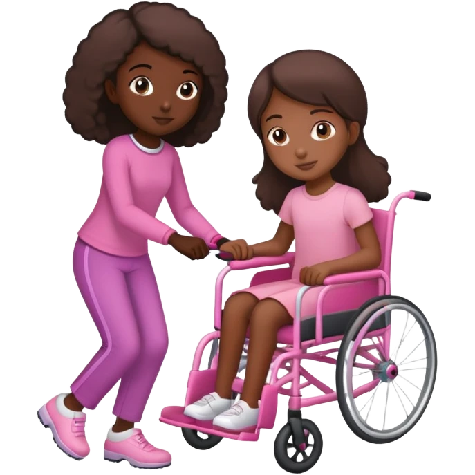 One dark skinned sister pushing her light brown sister in a pink wheelchair emoji