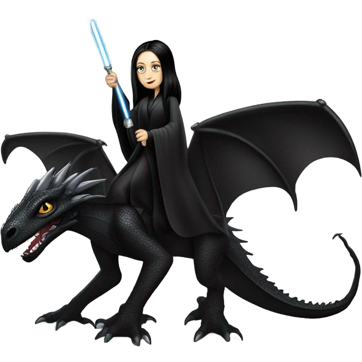  beautiful armored teen Morticia Addams Jedi riding on the back of a very large black shiny dragon emoji