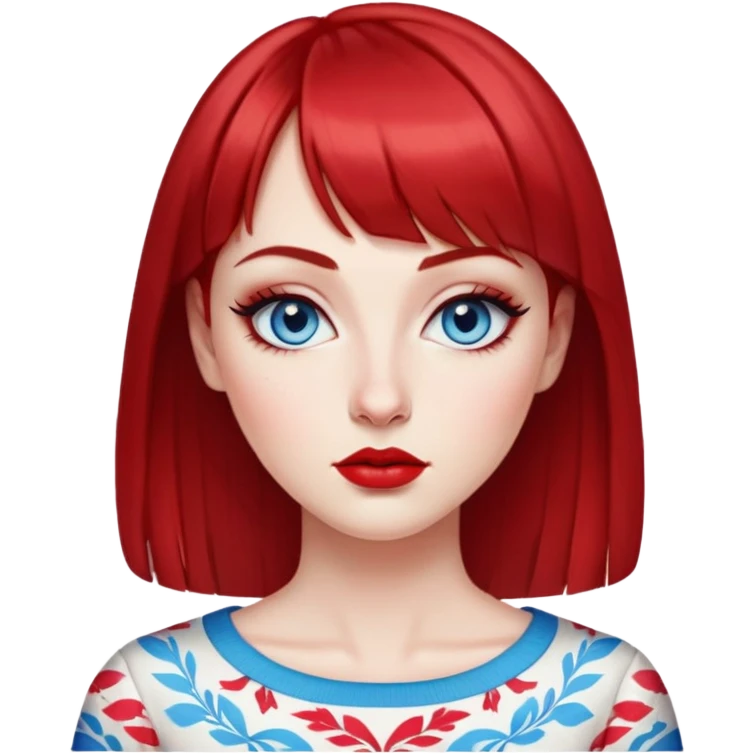 Creative woman with fair skin, oval face, striking blue eyes with eyeliner, thin eyebrows, small nose, medium lips with bright lipstick, dark red hair with straight bangs, wearing a red and white printed top, artistic expression emoji