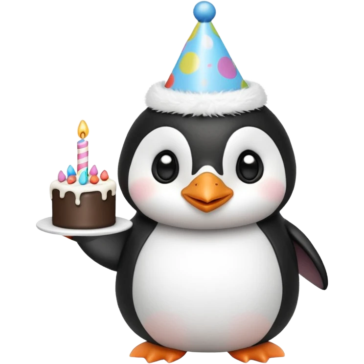 cute penguin with birthday hat hold a birthday cake in both arms emoji