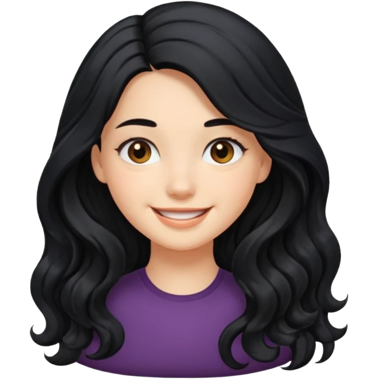 Please generate a portrait of a pretty girl with long, wavy, black hair. She's smiling. She also wears a left side parting. emoji