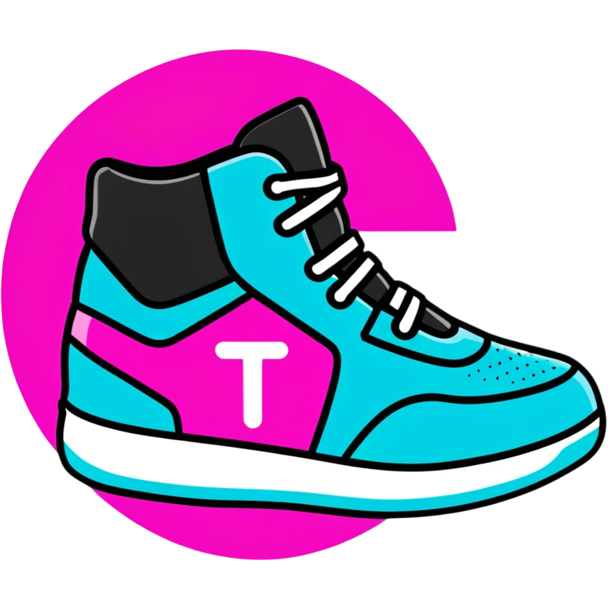 Minimalist sticker with white 'tt' letters on a black circle with cyan, magenta, and yellow dots below, sneaker with street style influence emoji