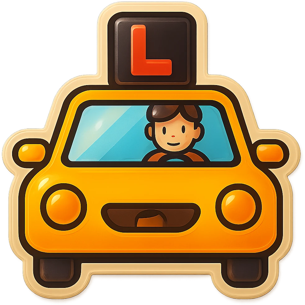 Add a visible driver inside the yellow car with a learner sign, keep the retro stickers style and no background. emoji