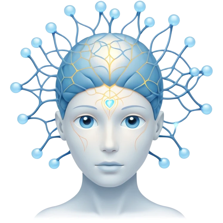 minimalist human figure with luminous cores at head and heart, delicate lines and orbs forming a neural web, soft white-blue light emoji