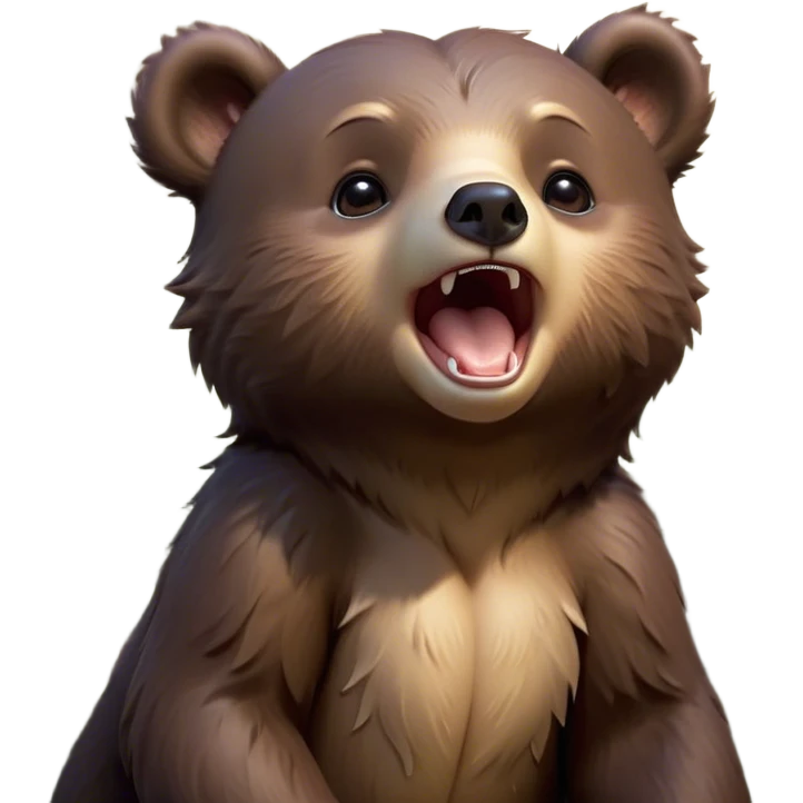 Cinematic Cute Yawning bear cub Portrait Emoji, Head tilted slightly with a dramatic, wide-open yawn, showcasing a soft, plush dark brown fur with drooping ears, round eyes barely open in drowsy contentment, Simplified yet irresistibly adorable features, highly detailed, glowing with a soft, cozy glow, high shine, relaxed yet expressive, stylized with a touch of woodland charm, bright and endearing, soft glowing outline, capturing the essence of a sleepy yet affectionate bear cub, so drowsy it feels like it could lumber out of the screen and curl up for a nap! emoji