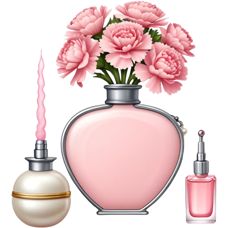 "An ornate Shell Pink perfume bottle with an atomizer, surrounded by Pearl Pink carnations. A string of pearls and a vintage mirror enhance the old Hollywood charm." emoji