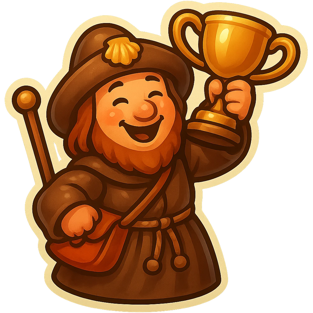 A small, funny medieval pilgrim raising a trophy cup in celebration, in retro stickers style, with a transparent background. emoji