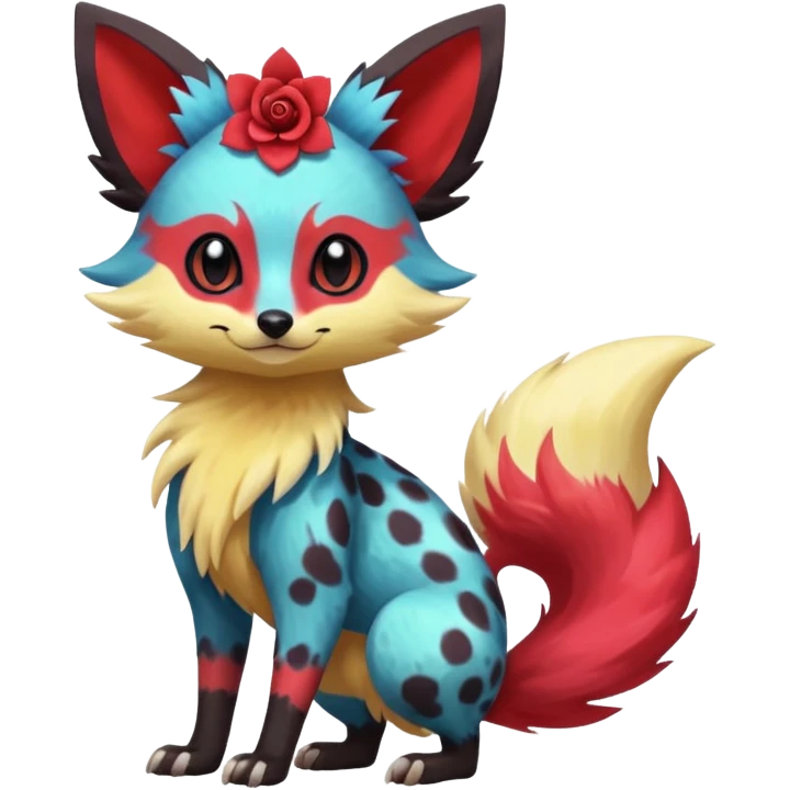 Rare realistic cool cute epic aesthetic colorful Fennekin-Zorua-Civet-Genet-species-Fakemon-hybrid-creature, with splotches and rosette markings, full body emoji