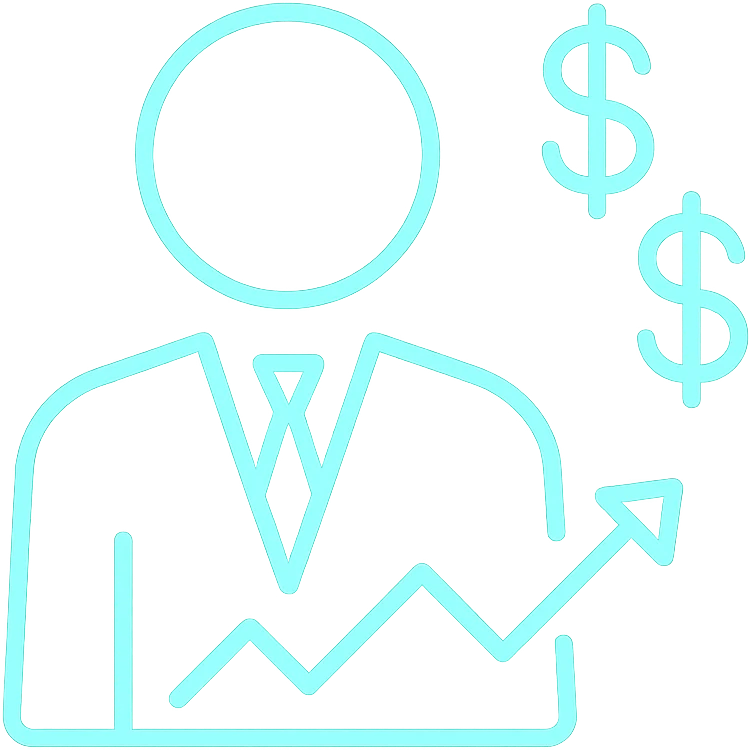 minimalist neon icon of a trader with dollar signs, color #0BD794, glowing outline emoji