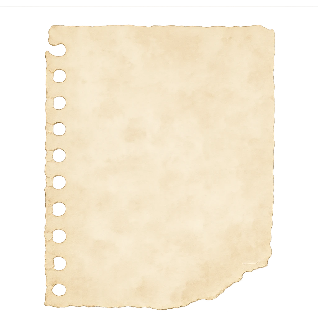 ripped notebook paper with torn spiral edge, soft pastel beige tones, watercolor texture, transparent background, no face, no hands, no legs, no characters emoji