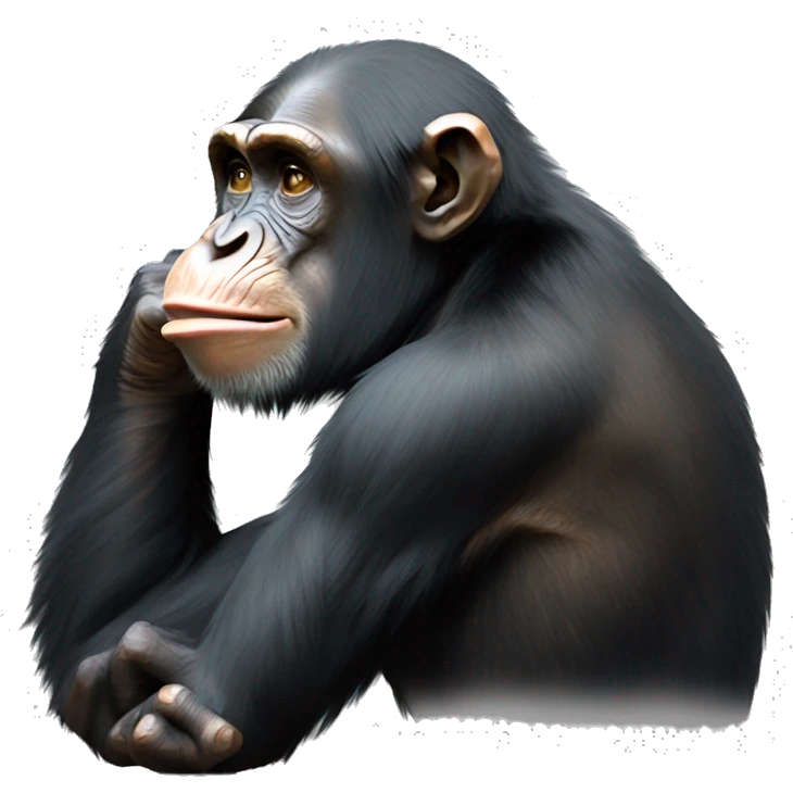 chimpanzee in a thoughtful pose, reminiscent of "The Thinker" by Rodin. The chimp is facing left, resting its chin on its hand, with a slightly furrowed brow, as if contemplating something deeply. emoji