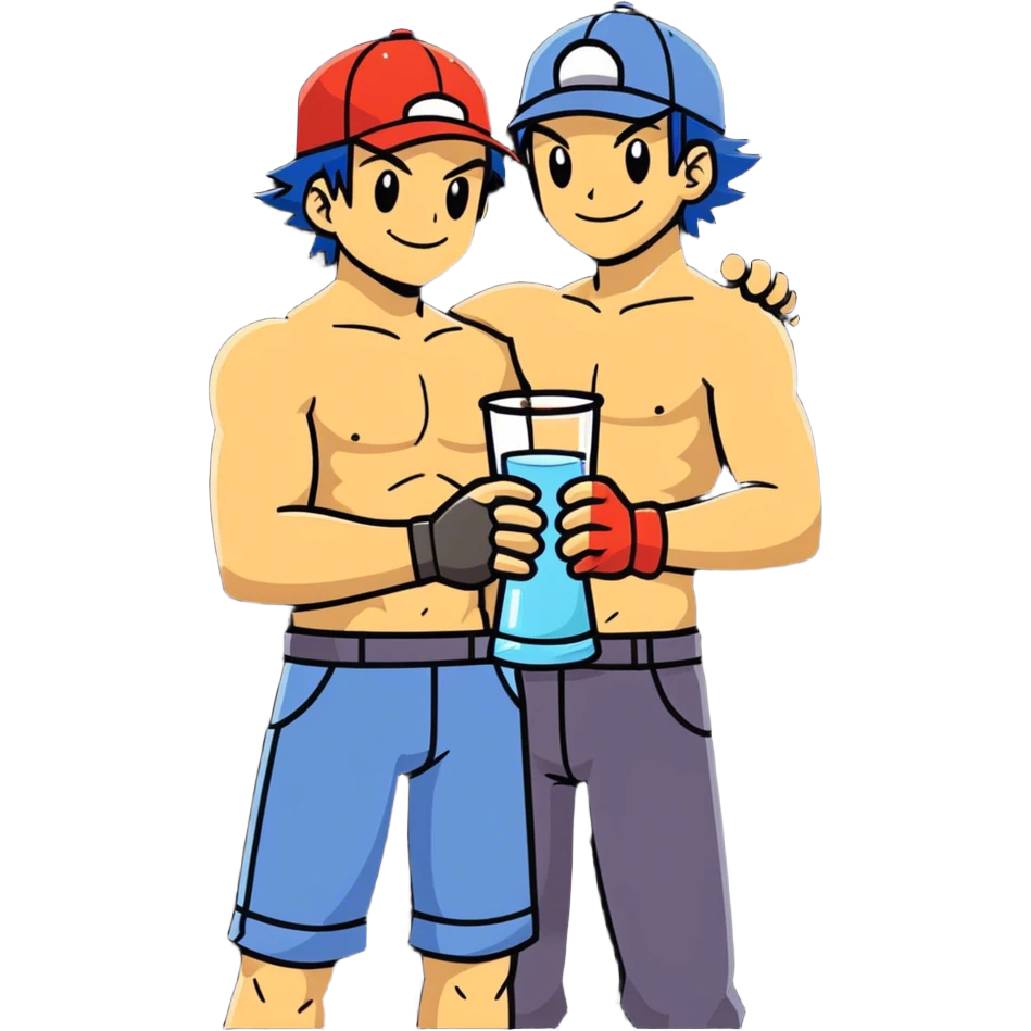 Hot handsome muscular 6ft 5inch tall smiling happy fun shirtless Ash Ketchum hugging his best friend while using a large glass beaker emoji