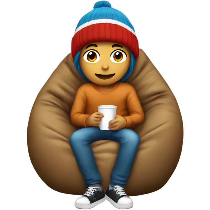 kid with a beanie hat sitting in a bean bag chair drinking emoji