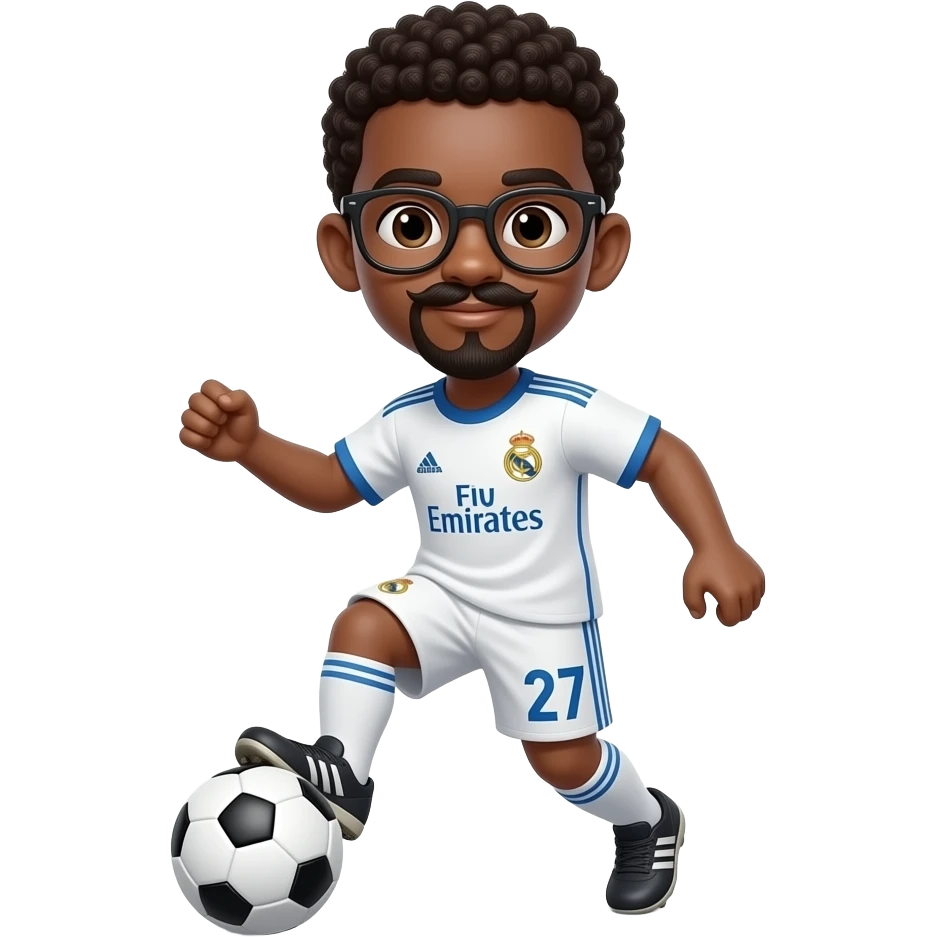 black boy with glasses playing soccer with a madrid jersey number 27 and a little mustache and a goatee emoji