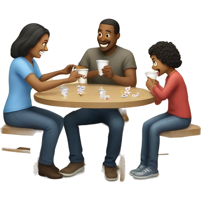 An emoji of a family—mother, father, and child—sitting at a table, playing a cup game with paper cups arranged on the table as they have fun together emoji