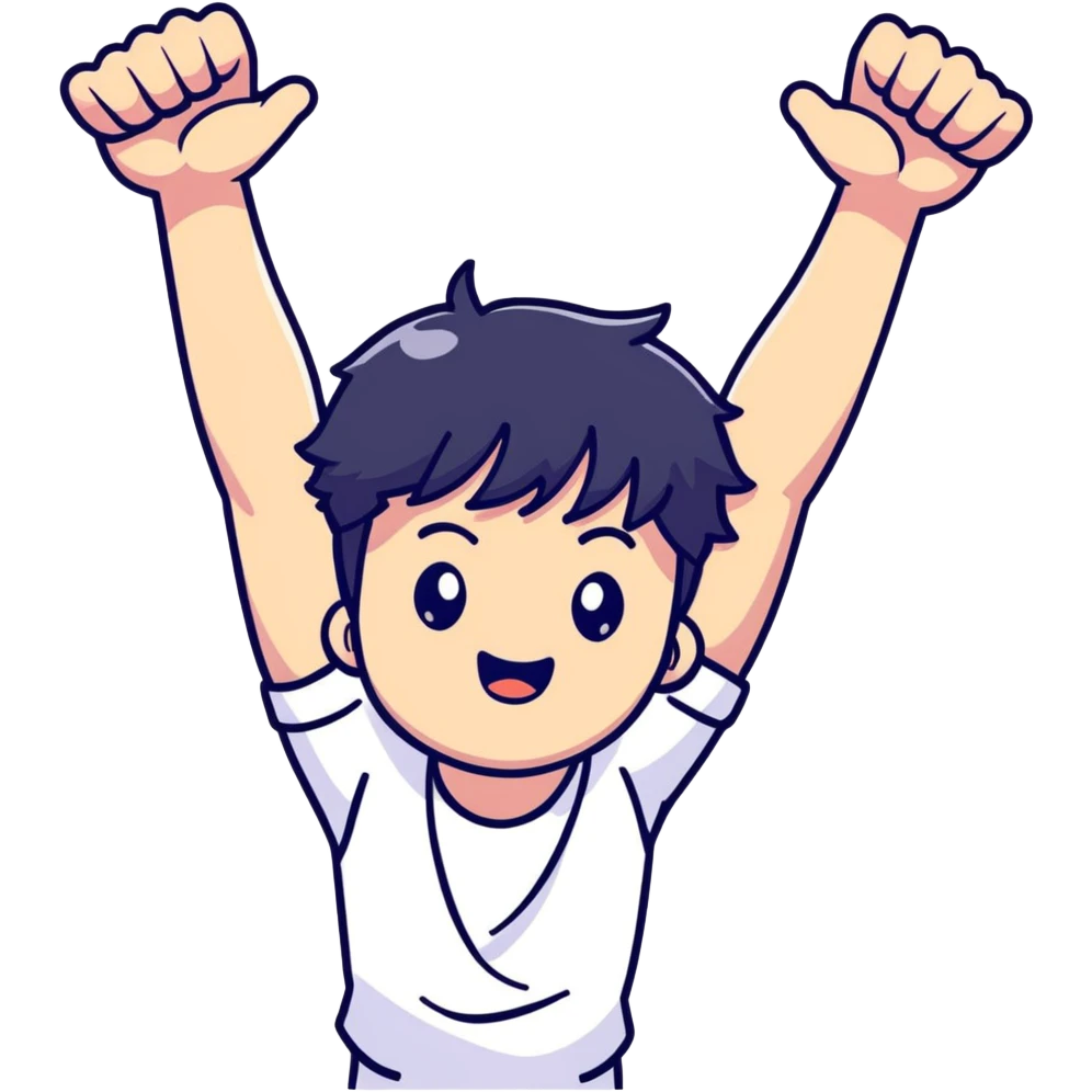Black-haired male idol with arms up in the air, energetic performance pose, K-pop style emoji