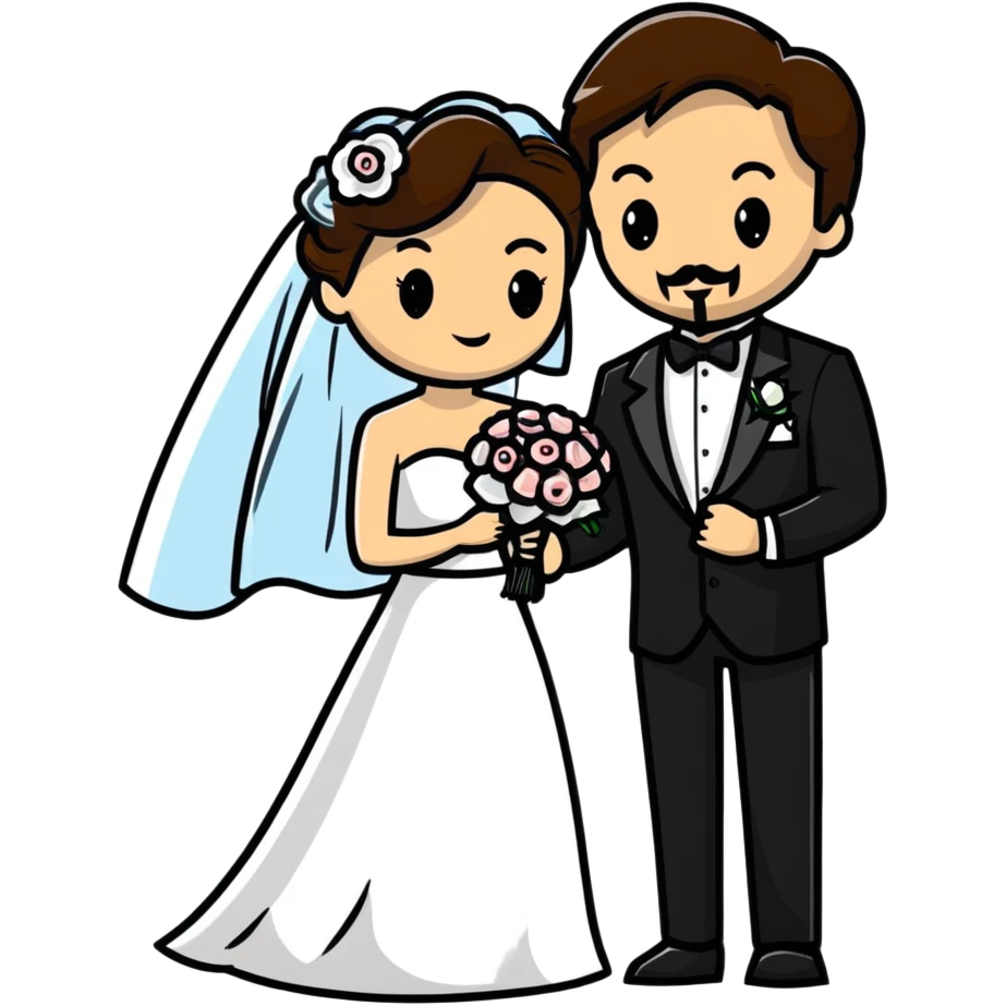 light-skinned African American bride and light-skinned groom with black goatee in a tuxedo emoji