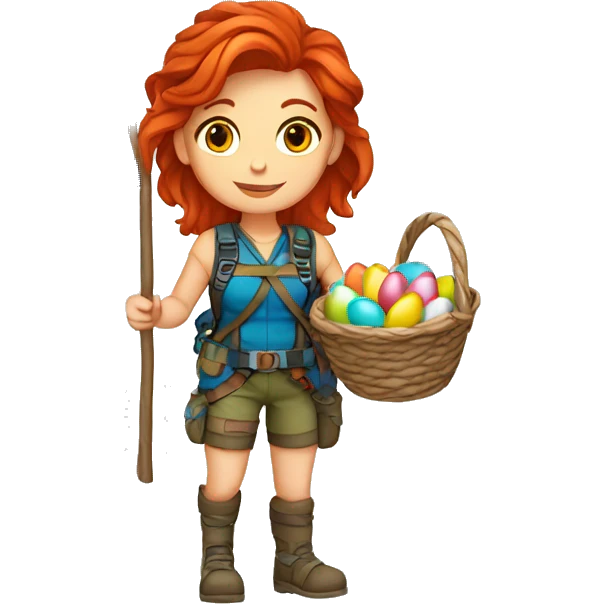 Female mountain climber red hair with Greek flag and holding Easter eggs basket emoji